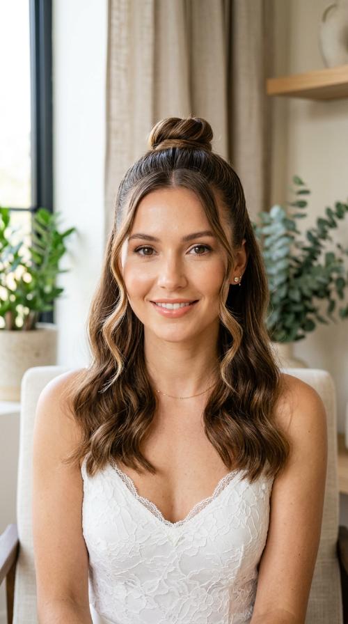 Sleek Half-Up Knot with Face-Framing Tendrils