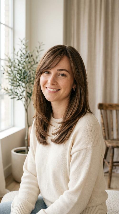 Sleek Invisible Layers with Long Side-Swept Bangs