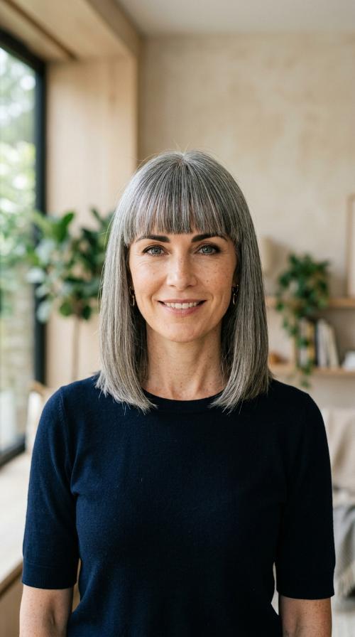 Sleek Lob with Blunt Fringe