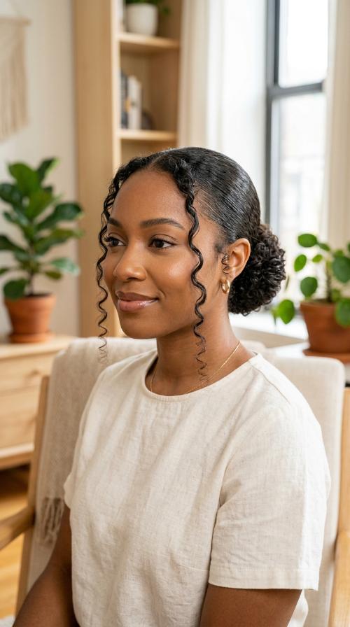 Sleek Low Bun with Curly Tendrils