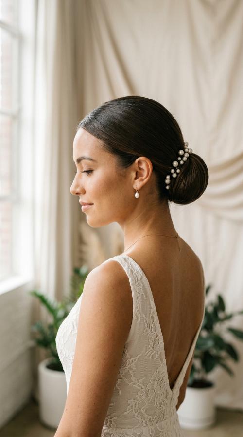 Sleek Low Bun with Pearl Accents