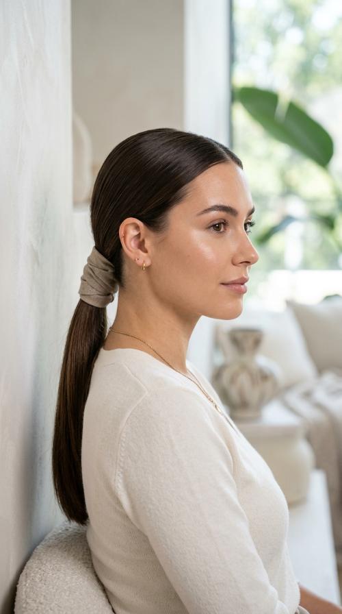 Sleek Low Ponytail with Hair Wrap