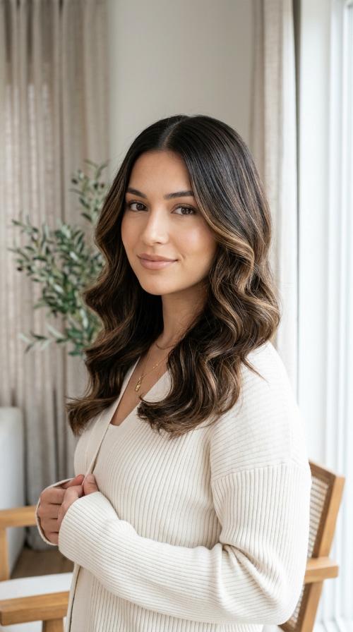 Sleek Middle Part with Brushed-Out Waves