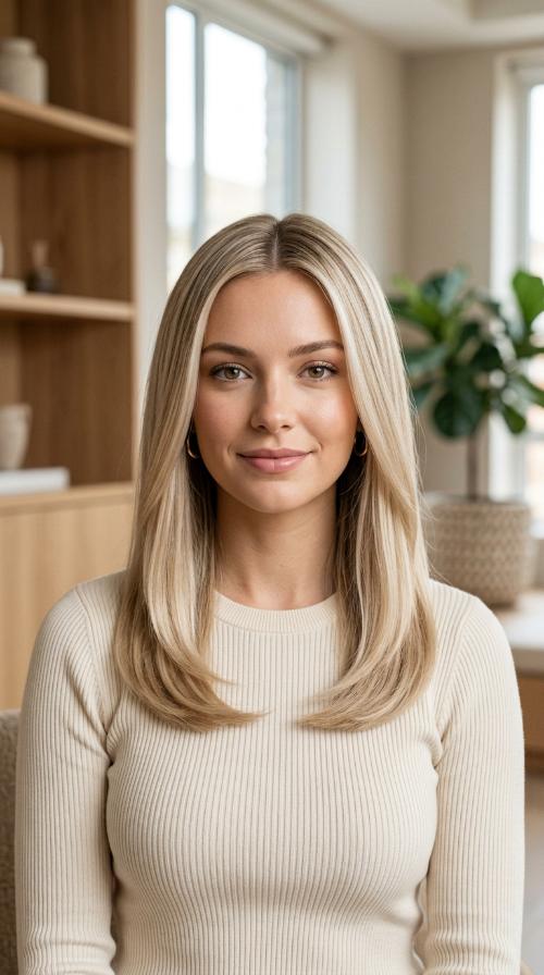 Sleek Pearl Blonde Center Part
