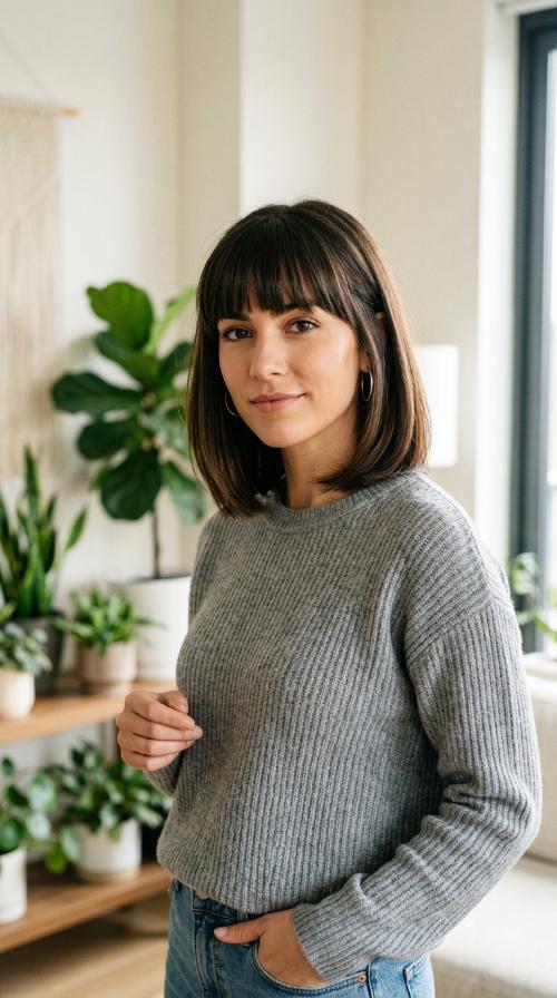 Sleek Shoulder-Length Cut with Thick Blunt Bangs