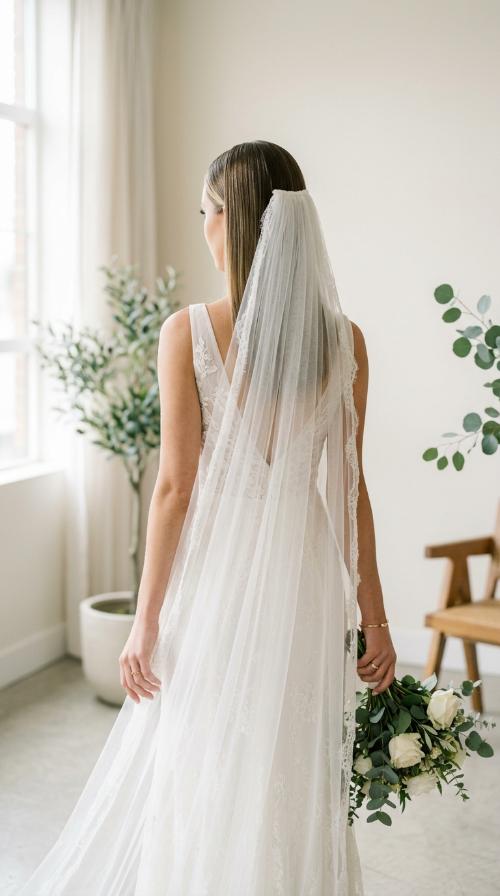 Sleek Straight Back with Waterfall Veil