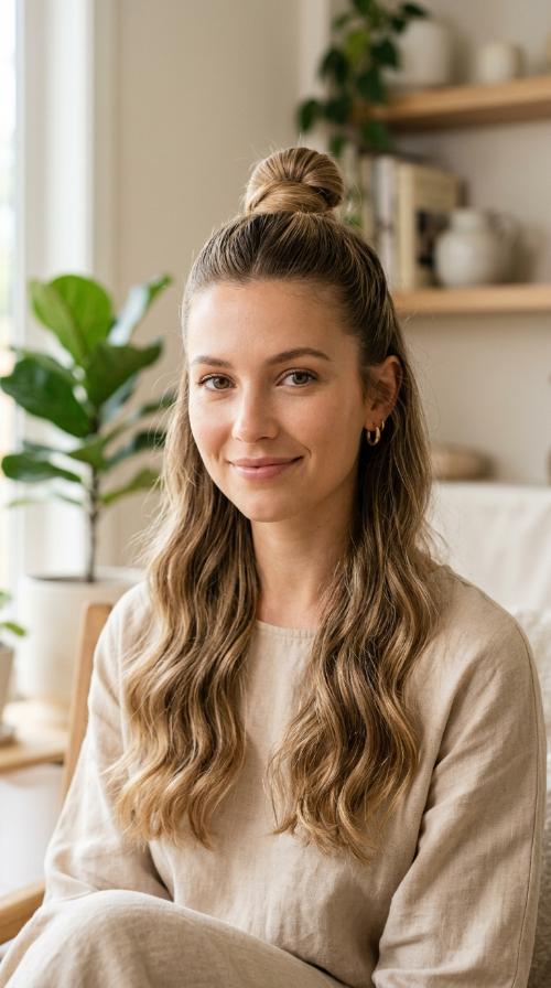 Sleek Top Knot with Loose Waves