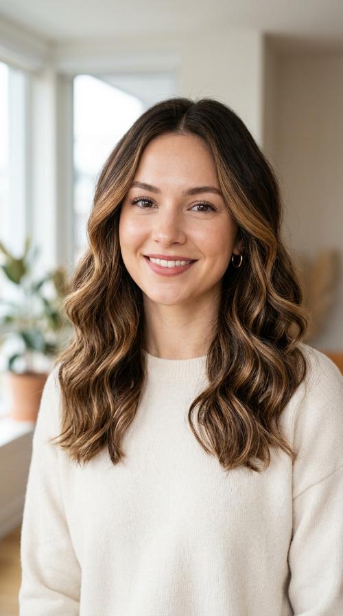 Soft Caramel Balayage on Chocolate Brown