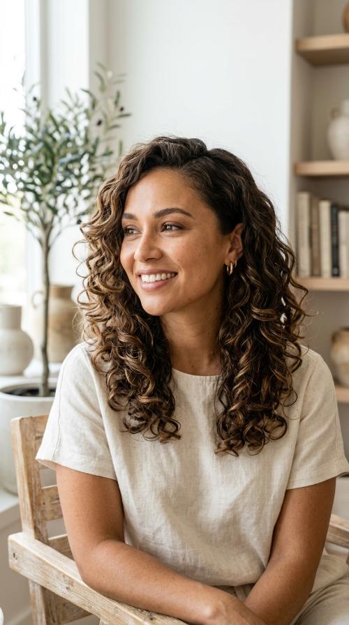 Soft Curly Layers with Side Part