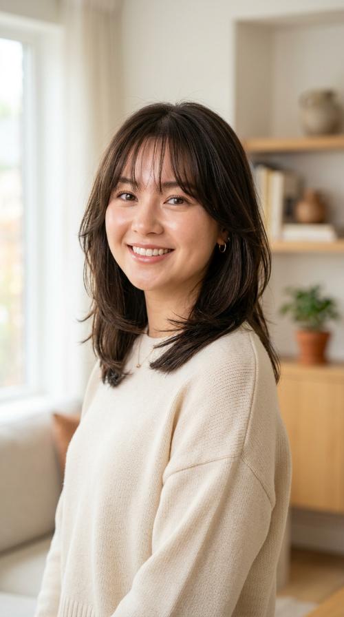 Soft Face-Framing Layers with See-Through Bangs