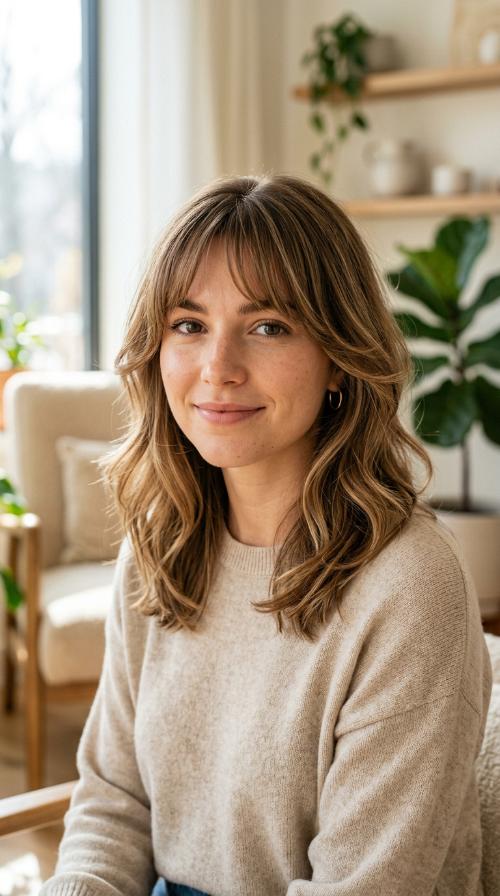 Soft Face-Framing Layers with Tapered Bangs