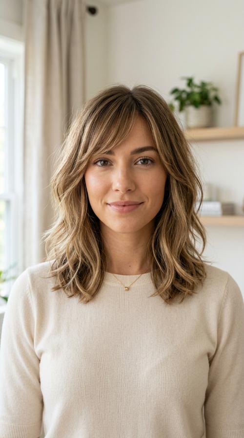 Soft Layered Lob with Side-Swept Bangs