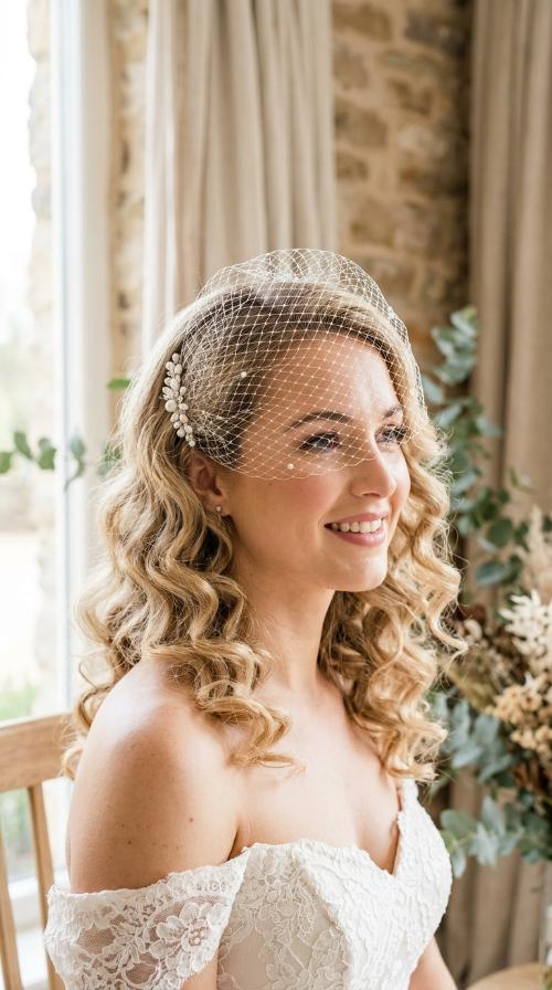 Soft Retro Curls with a Birdcage Veil
