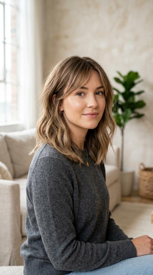 Soft Textured Lob with Side-Swept Bangs