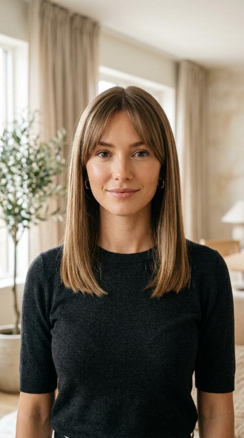 Sophisticated Curtain Bangs and Sleek Midi Length
