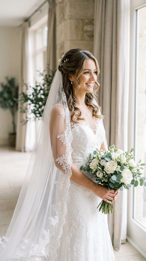 Sophisticated Half-Up Half-Down with Cathedral Veil