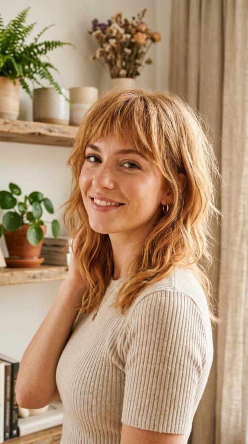 Strawberry Blonde Shag with Choppy Bangs