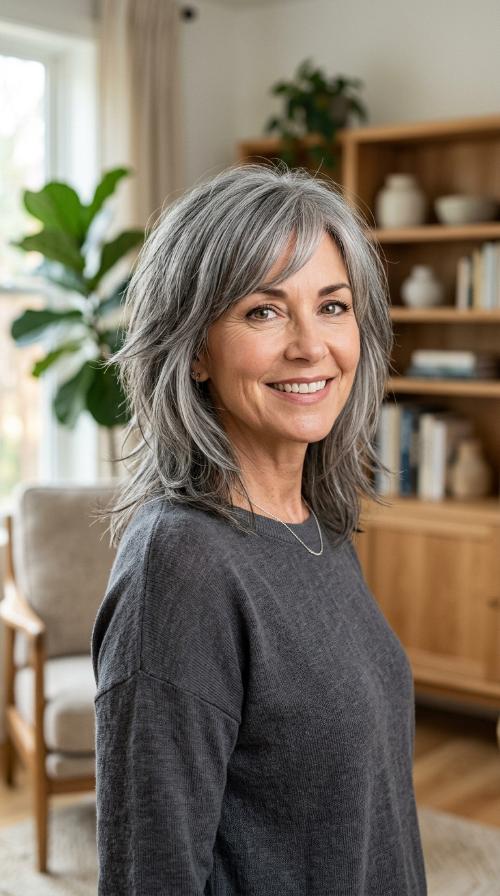 Tapered Charcoal Layers with Side Swept Fringe