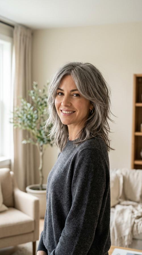 Textured Ash Grey Midi with Face-Framing Layers
