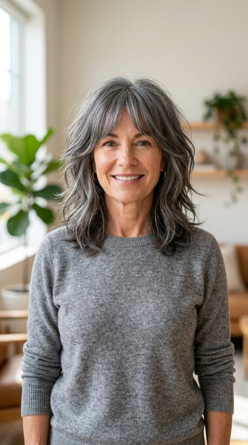 Textured Charcoal Lob with Curtain Bangs
