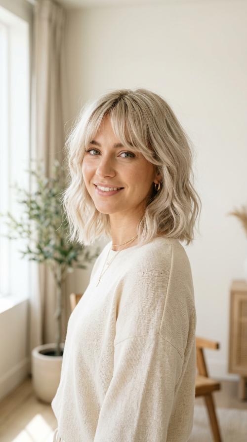 Textured Platinum Lob with Curtain Bangs
