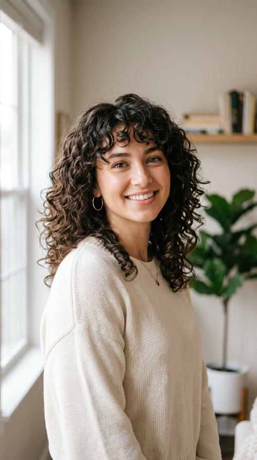 The Curly Lob with Bangs