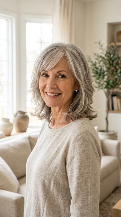 The Layered Lob with Side-Swept Bangs