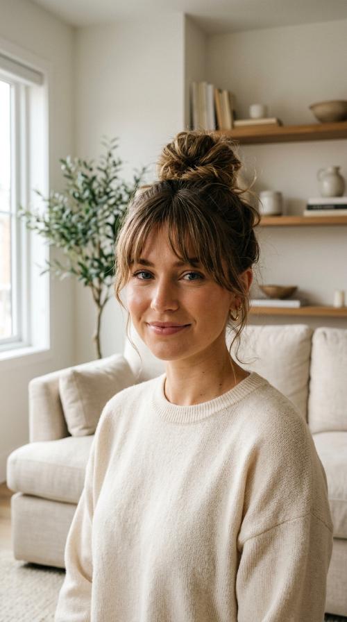 The Messy Top Knot with Bangs