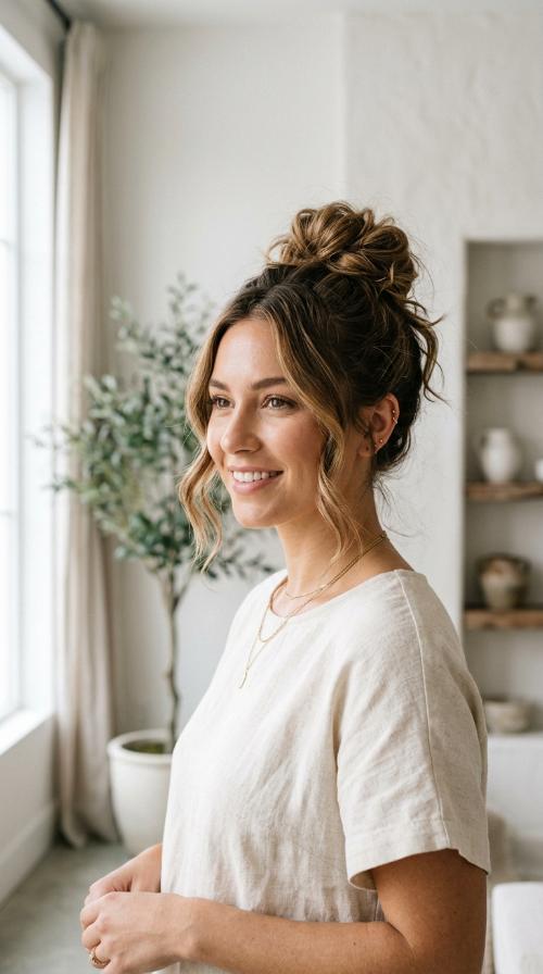 The Messy Top Knot with Face-Framing Pieces