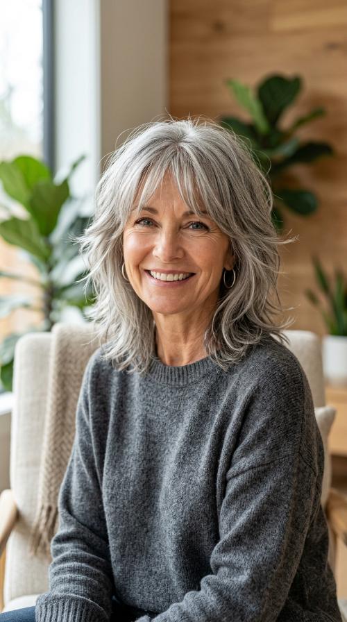 The Silver Shag with Curtain Bangs