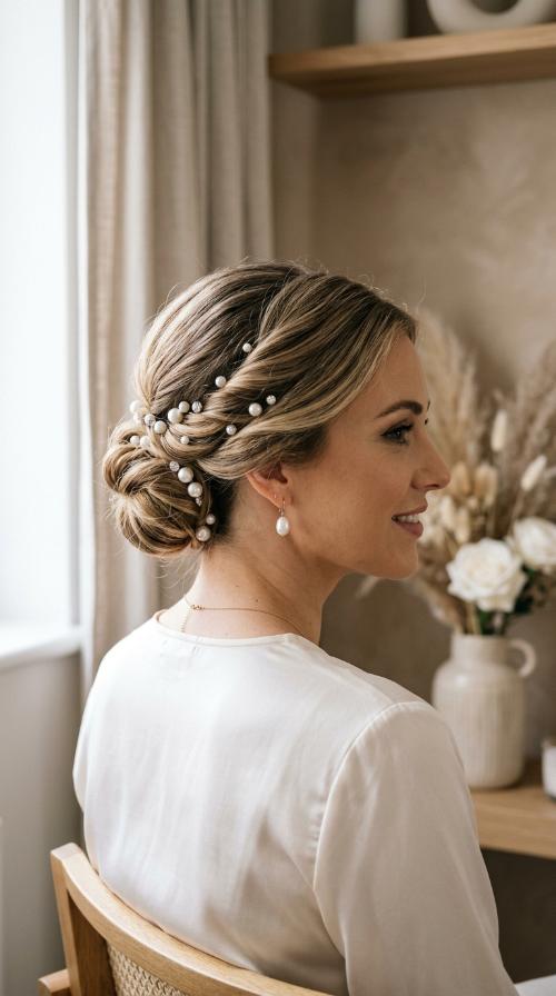 Twisted Low Bun with Pearl Pins