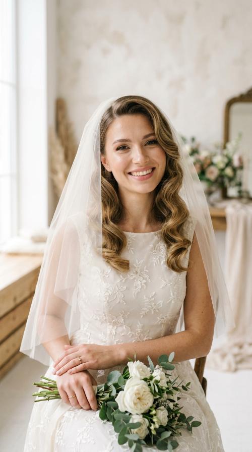 Vintage-Inspired Hollywood Waves with Blusher Veil