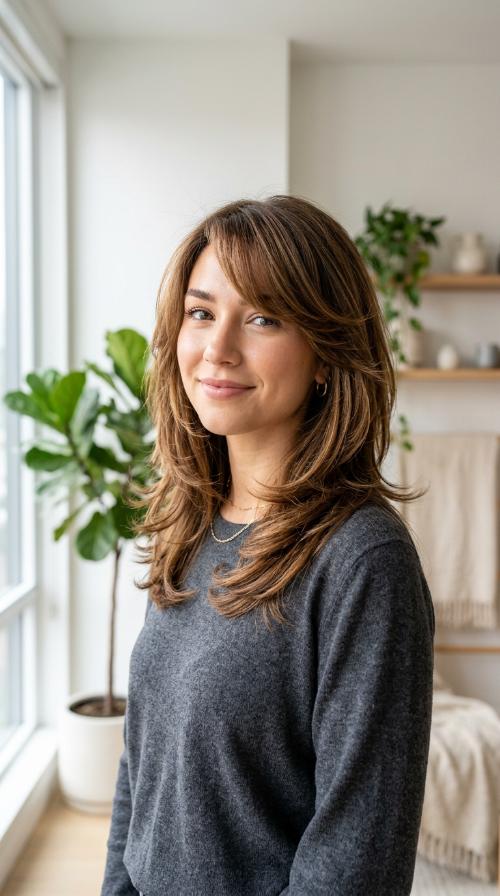 Voluminous Butterfly Cut with Side-Swept Fringe