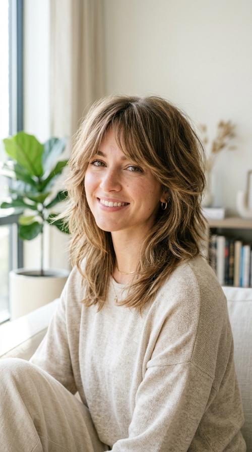 Voluminous Choppy Layers with Side-Swept Bangs