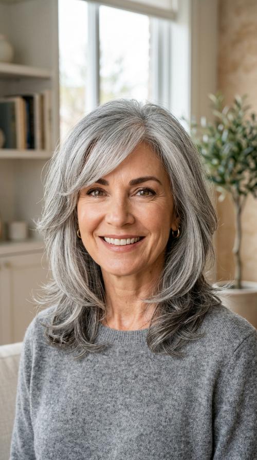 Voluminous Collarbone Cut with Side-Swept Bangs