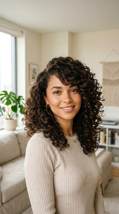 Voluminous Curls and Deep Side-Parted Bangs