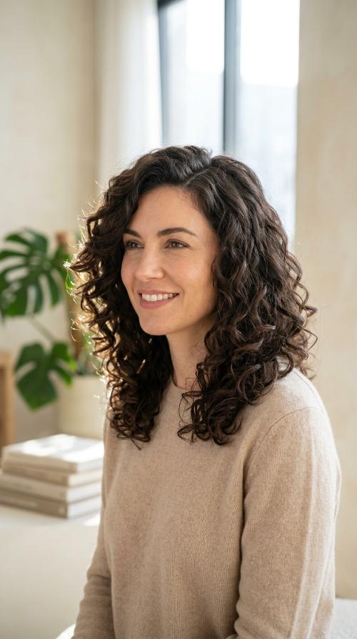Voluminous Curls with a Side Part