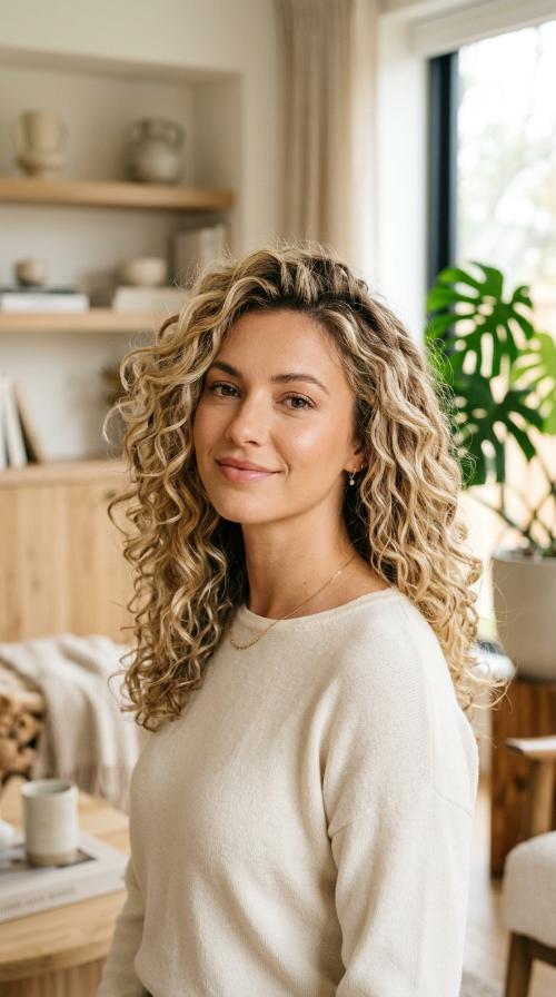 Voluminous Curls with Creamy Blonde Highlights