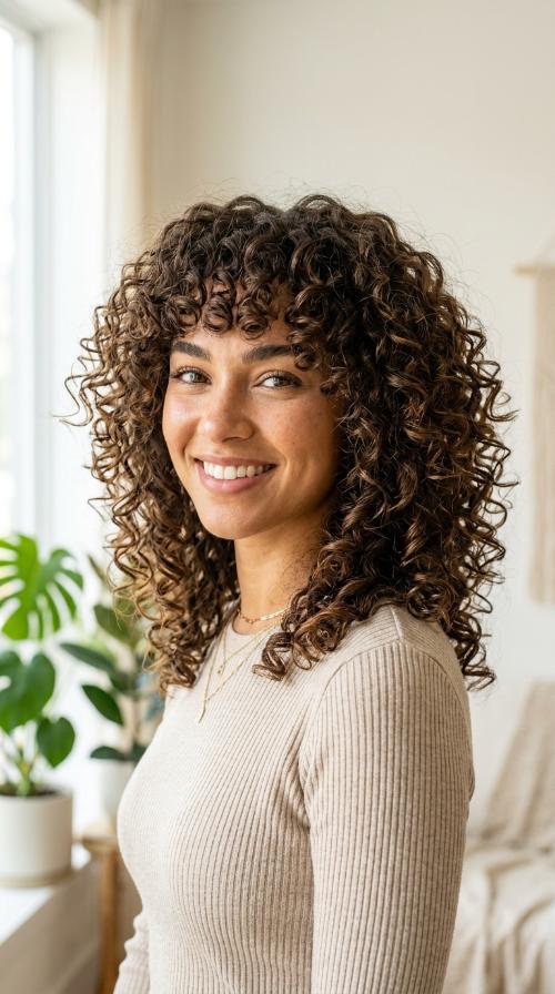 Voluminous Curls with Curly Fringe