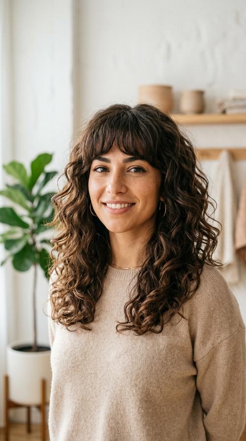 Voluminous Curls with Full Fringe
