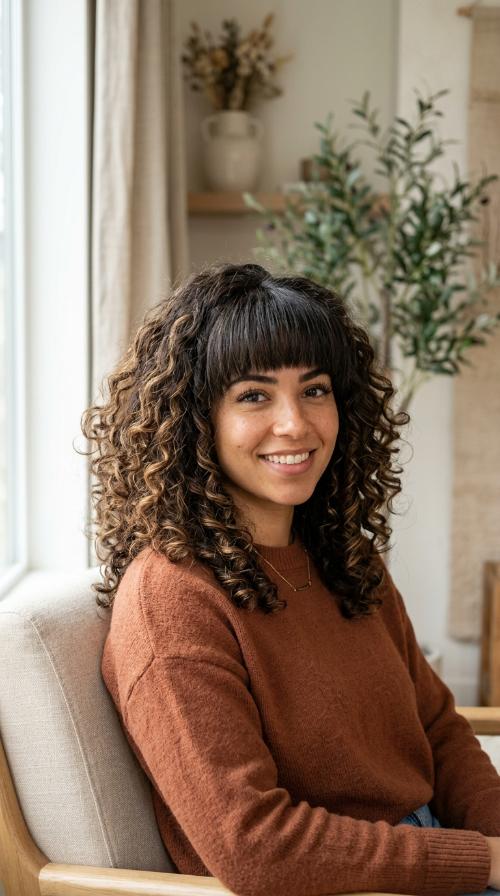 Voluminous Curls with Heavy Blunt Bangs