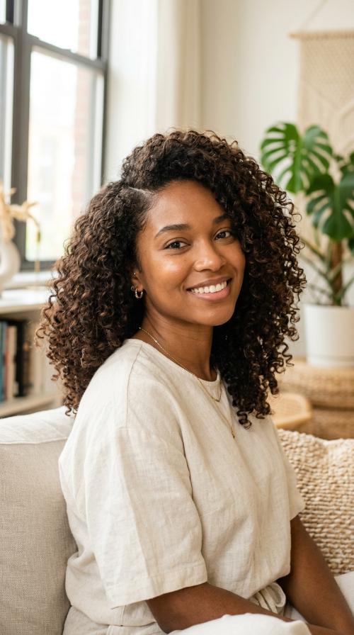 Voluminous Curls with Side Part