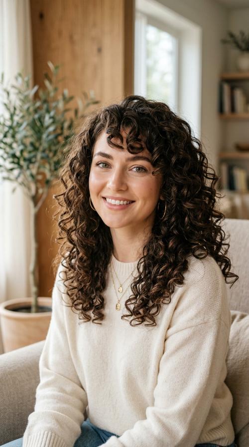 Voluminous Curls with Side-Parted Fringe