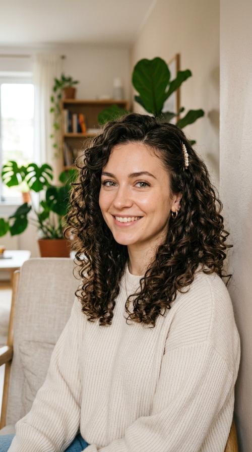 Voluminous Curls with Side-Pinned Fringe