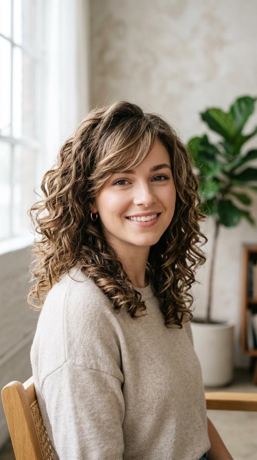 Voluminous Curls with Side-Swept Bangs