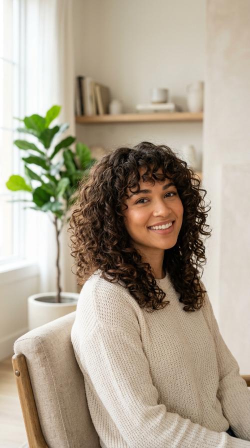 Voluminous Curls with Soft Arched Bangs