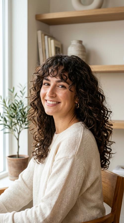 Voluminous Curls with Soft Bangs