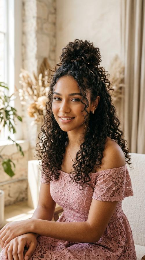 Voluminous Curly Half-Up Top Knot