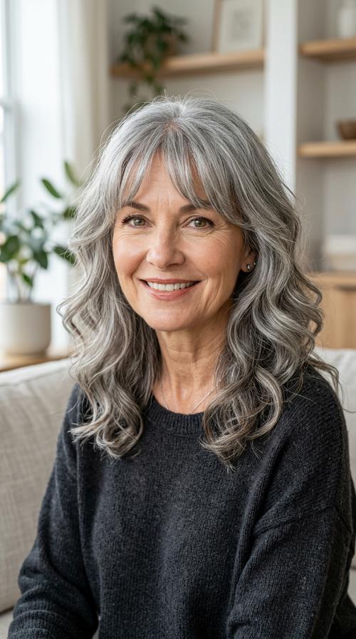 Voluminous Gray Waves with Bardot Bangs