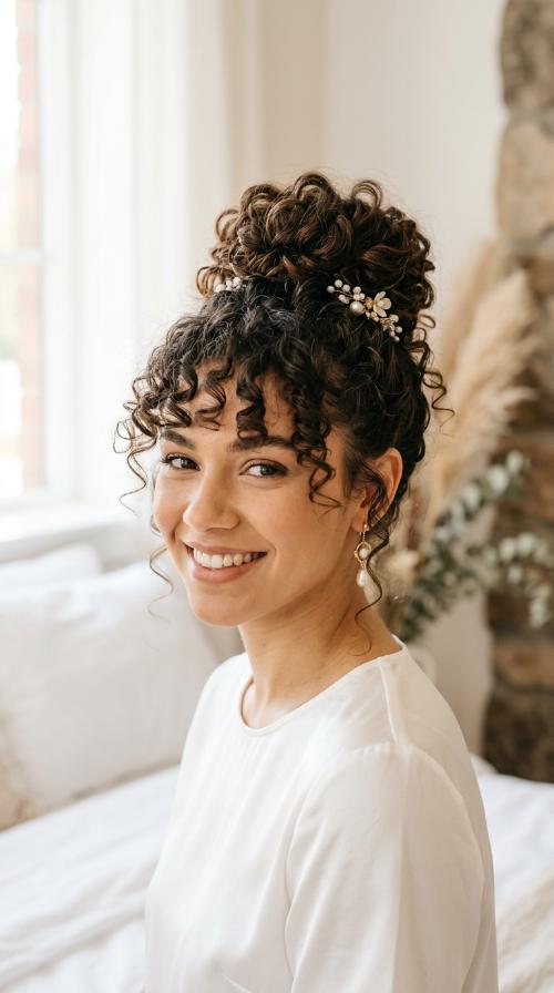 Voluminous High Bun with Curly Fringe